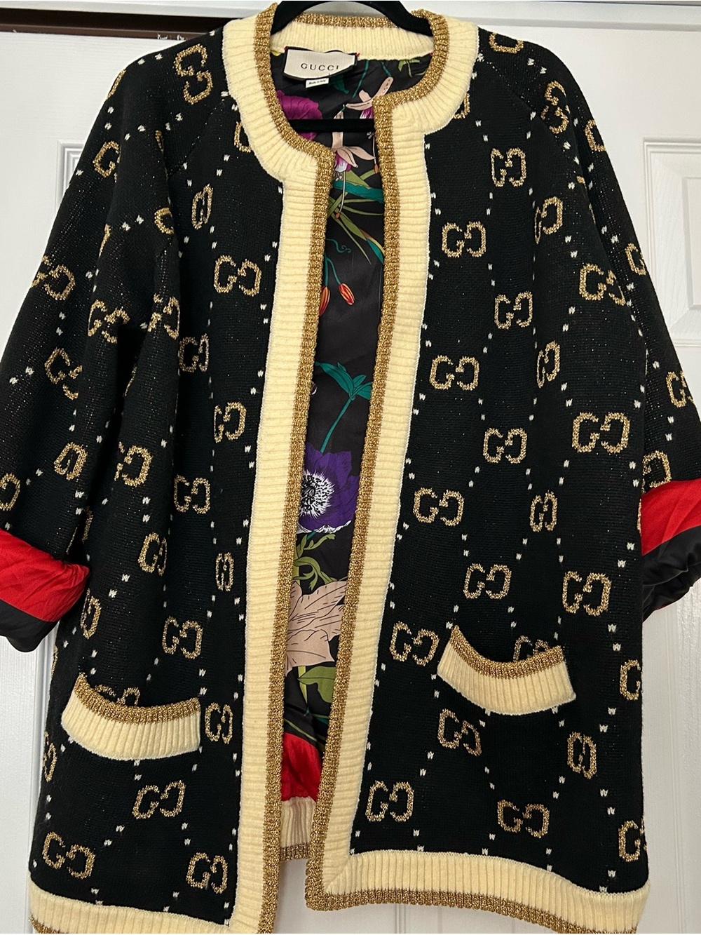 Black & Cream GG Logo Knit Coat